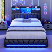 Ivy Bronx Twin Bedroom Bed Frame With Hidden Storage Headboard And Two Large Drawers; Gaming Bed With Rgb Lighting And Charging Station; Leather Upholstered Platform Bed; E-sports Style Bed; No Spring Mattress Required; Black New In Box $399