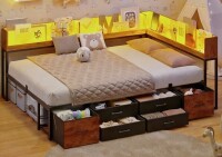 Ivy Bronx Full Daybed With Bookcase & Charging Station, Corner Bed Frame With LED Lights & 6 Storage Drawers Black & Vintage Brown in Rustic Brown New in Box $899