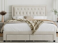 Latitude Run Emanuell Linen Upholstered Platform Bed with 2 Drawers, Storage Bed Frame With Tufted & Height-Adjustable Headboard New in Box $699