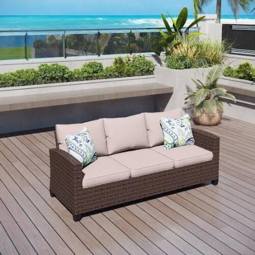 Phi Villa Dark Brown Rattan Wicker Outdoor Patio 3 Seat Sofa Couch with Beige Cushions New in Box $699