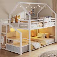 Jocoevol Metal Bunk Bed Twin Over Twin with Storage Staircase, Clothes Rack, LED Twin Bunk Beds for Kids with 2 Storage Drawers, Full-Length Guardrail, No Box Spring Needed, Easy Assembly, White New Open Box $399