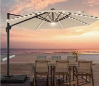 JOYESERY 11FT Round Aluminum Frame Outdoor Cantilever LED Umbrella Patio Umbrella 360&deg; Rotation System, Sand New in Box $699