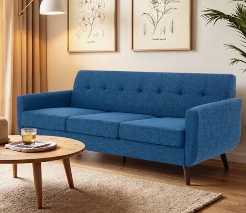 George Oliver Delanie Cattaleya 78" Mid Century Modern Square Arms Linen Upholstered Sofa in Blue New Shelf Pull $899