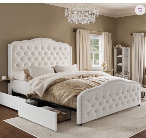 House of Hamptons Maber Upholstered Queen Bed with 4 Drawers, Storage Platform Bed with 2 Bedside Tables , Velvet Wingback Bed, No Boxing Spring Needed, Beige New in Box $899