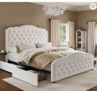 House of Hamptons Maber Upholstered Queen Bed with 4 Drawers, Storage Platform Bed with 2 Bedside Tables , Velvet Wingback Bed, No Boxing Spring Needed, Beige New in Box $899