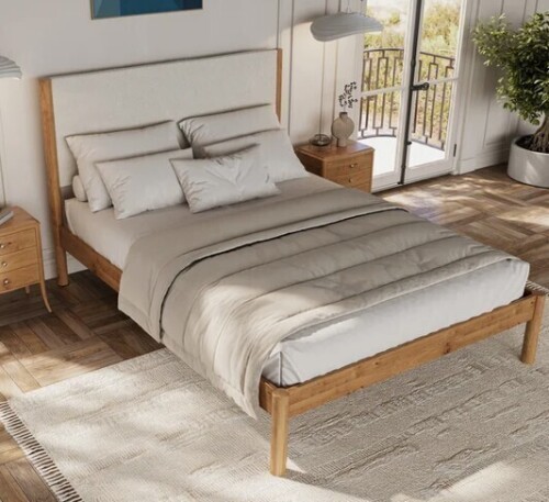 Ebern Designs Dar King Size Solid Wood Bed Frame With Cream Boucle Upholstered Headboard New Shelf Pull $1499