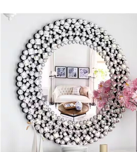 Thkshouz Silver 34 in. W x 34 in. H Modern Round Glass Framed Mirror New in Box $399