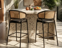 George Oliver Ethan 23" W x 21" D x 40.5" H Faux Leather and Woven Rattan Bar Stools new in box $599