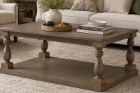 Astoria Grand Vintage Coffee Table with Artistic Vase Column Legs and Luxurious Pine Veneer for Timeless Charm, for Living Room, Study Room in brown new in box $599