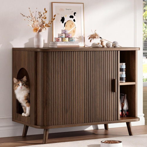 OneBlis 35.4" Cat Litter Box Enclosure with Sliding Door &ndash; Wooden Hidden Litter Box Furniture with 2-Layer Shelves, Side End Table for Living Room, Brown New In Box $299
