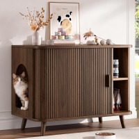 OneBlis 35.4" Cat Litter Box Enclosure with Sliding Door &ndash; Wooden Hidden Litter Box Furniture with 2-Layer Shelves, Side End Table for Living Room, Brown New In Box $299