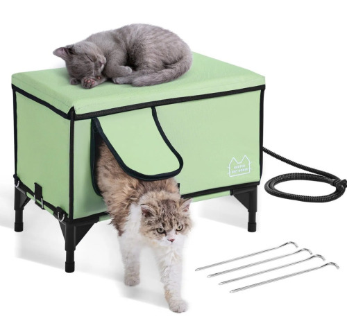 VEVOR Elevated Heated Cat House, Cuboid Kitty Shelter with Adjustable Temperature and Timer, 900D Oxford Cloth Foldable Cat Shelter with Heated Pad for Winter to Stay Warm and Cozy, Green (Middle) New In Box $199