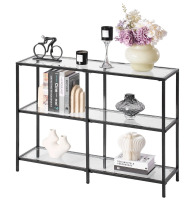 VEVOR 3-Tier Glass Console Table, Modern Rectangle Sofa Side Table with Tempered Glass Top and Iron Legs, Golden Consloe Desk with Anti-Tip Device for Living Room, Hallway, Entryway, Foyer, Black New In Box $299