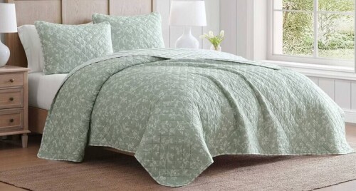 Martha Stewart 3-Piece King Quilt Set French Bird Floral Green New In Box $299
