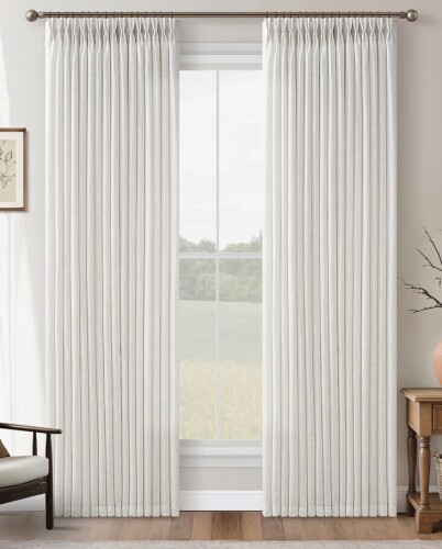 Latitude Run&reg; Thick Linen Fabric Memory Trained Pinch Pleated Solid Farmhouse Semi Sheer Curtain 2 Panels, 50" W x 108" L New $99