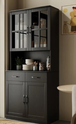 Winston Porter 71" H X 31.5"W Kitchen Pantry With Bookcases, Glass Door Kitchen Hutch in Black New in Box $499