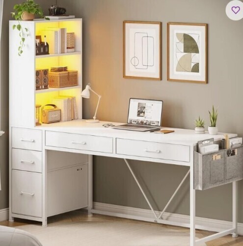 17 Stories Barbarino Computer Desk With 5 Drawers And Bookshelf Led Lights For Small Spaces in White $399