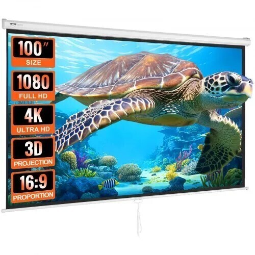 VEVOR Manual Pull Down Projector Screen, 100" 16:9 4K 1080 HD Retractable Projector Screen, Auto-Locking Portable Projection Screen, Portable Projector Movie Screen for Family Home Office Theater, New in Box $399
