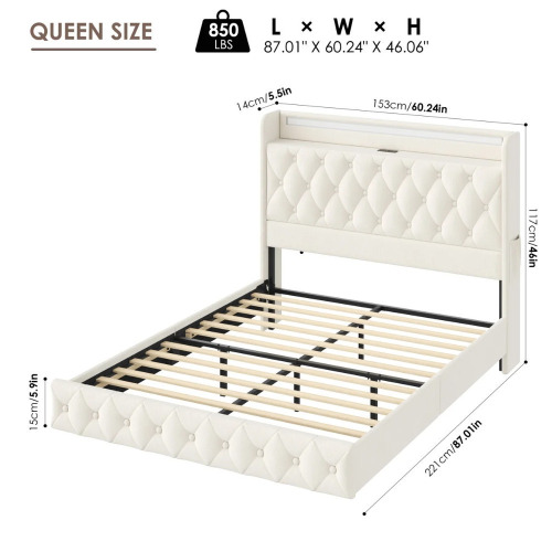 Wrought Studio Maykel Modern Upholstered Floating Queen Size Bed with LED Lights and Charging Port, Off-White, New in Box $499