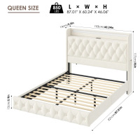 Wrought Studio Maykel Modern Upholstered Floating Bed with LED Lights and Charging Port, Off-White, New in Box $499