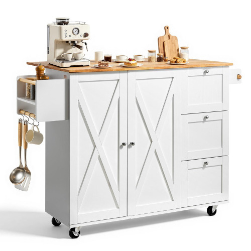 VEVOR Kitchen Island Cart with Solid Wood Top, 45.3" Width Mobile Carts with Storage Cabinet, Rolling Kitchen Table with Spice Rack, Towel Rack, Drop Leaf and Drawer, Portable Islands on Wheels, White New in Box $399