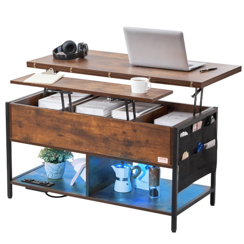 VEVOR Lift Top Coffee Table, 39.4 in Rectangle Coffee Table with Extra Storage Pockets, Flipable Coffee Table with Power Strip & USB & Ambient Lighting for Living Room, Brown New in Box $399