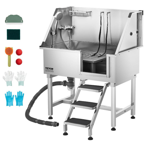 VEVOR 38 Inch Stainless Steel Dog Washing Station, Pet Grooming Tub with Hot & Cold Faucet, Showerhead, Home Wash Sink, Fits Small and Medium Cats and Dogs, Non-Slip Stairs (Right Door) New Floor Model $999