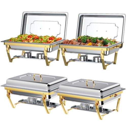 VEVOR Chafing Dish Buffet Set, 8 Qt 4 Pack, Stainless Steel Chafer with 2 Full Size and 4 Half Size Pans, Rectangle Catering Warmer Server with Lid Water Pan Stand, for Weddings Parties Banquets, Gold New in Box $299