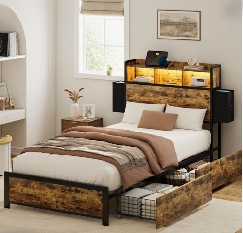 17 Stories Livia Twin Bed Frame with 2 Underbed Drawers, Modern Platform Bed with Charging Station & LED Light, Storage Headboard with 2 Bedside Drawers & Open Bookcase Shelves, Rustic Brown New in Box $699