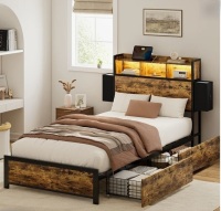 17 Stories Livia Twin Bed Frame with 2 Underbed Drawers, Modern Platform Bed with Charging Station & LED Light, Storage Headboard with 2 Bedside Drawers & Open Bookcase Shelves, Rustic Brown New in Box $699