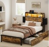 17 Stories Livia Twin Bed Frame with 2 Underbed Drawers, Modern Platform Bed with Charging Station & LED Light, Storage Headboard with 2 Bedside Drawers & Open Bookcase Shelves, Rustic Brown New in Box $699