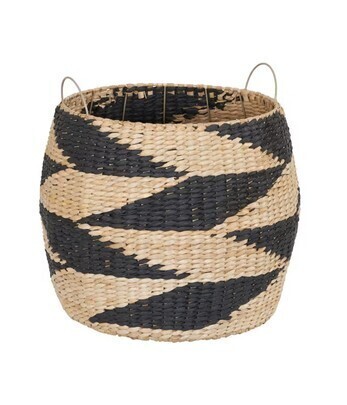 Household Essentials Large Woven Basket, Round Decorative Basket with Handles, Black and Natural New In Box $199