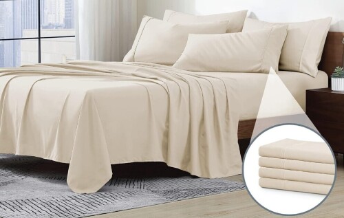 Swift Home King 6-Piece Microfiber Sheet Sets (Includes 2 Bonus Pillowcases), Ultra-Soft Brushed - Extremely Durable - Easy Fit - Wrinkle Resistant, King, Cream New Shelf Pull $79