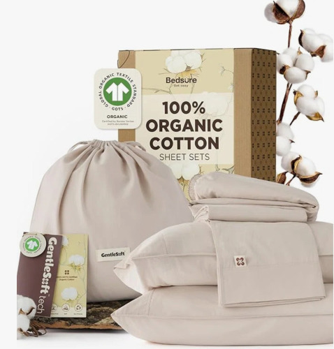 Bedsure 100% GOTS Organic Cotton Sheets, Fair Trade Certified Queen Bedding Set, Eco-Friendly, Soft, 17 Inches Deep Pocket Queen Sheet, Sateen Weave Cotton Luxurious Hotel Bed Set, Linen $89