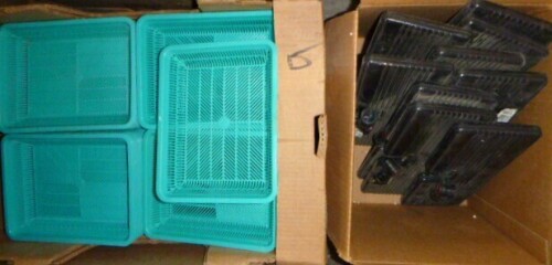 Box of Plastic Drawer Organizers / Cleaning Supplies
