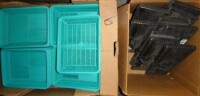Box of Plastic Drawer Organizers / Cleaning Supplies