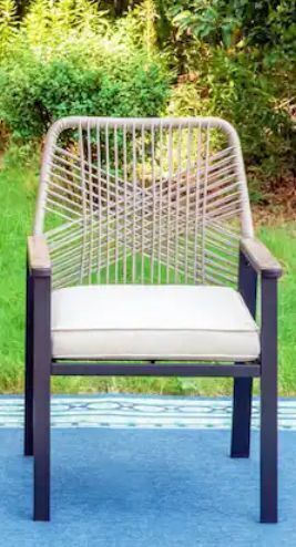 PHI VILLA Black Metal Woven Rope Outdoor Patio Dining Chair with Beige Cushions new floor model $499