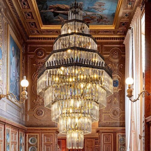 TOCHIC 9-Tier Crystal Chandelier 62'' Long High Ceiling Staircase Lighting 15 Lights Large Luxury K9 Crystal Chandelier Antique Light Fixture with Acanthus Leaves Accent for Foyer Entryway Dining Room, New Floor Model $1,299