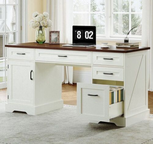 Garvee 59" Executive Desk with File Cabinet and Drawers, with USB Power Outlet, Storage Cabinet for CPU, Workstation Table for Study, White, New in Box $399