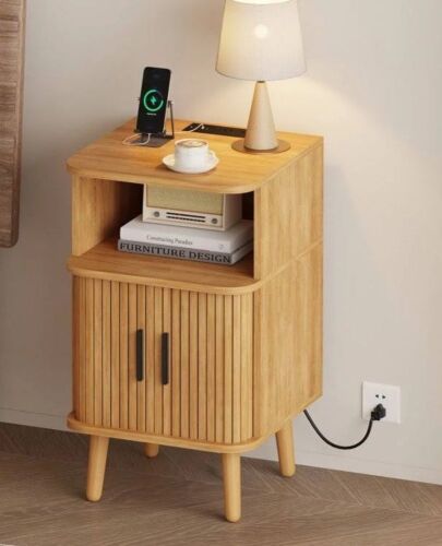 George Oliver Mid Century Modern Bedside Table, Wood Night Stand with Power Outlet, Fluted Nightstand with Sliding Doors, Curved Round Edge Side Table with Storage Cabinet for Living Room, Bedroom (Natural), New in Box $299