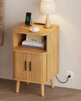 George Oliver Mid Century Modern Bedside Table, Wood Night Stand with Power Outlet, Fluted Nightstand with Sliding Doors, Curved Round Edge Side Table with Storage Cabinet for Living Room, Bedroom (Natural), New in Box $299