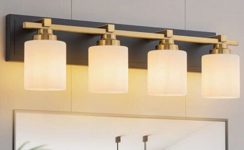 Ebern Designs 4 Light Modern Bathroom Light Fixtures Over Mirror, Black Gold Vanity Lights Milky White Glass Shades, E26 Socket (Bulbs Not Included) New In Box $299