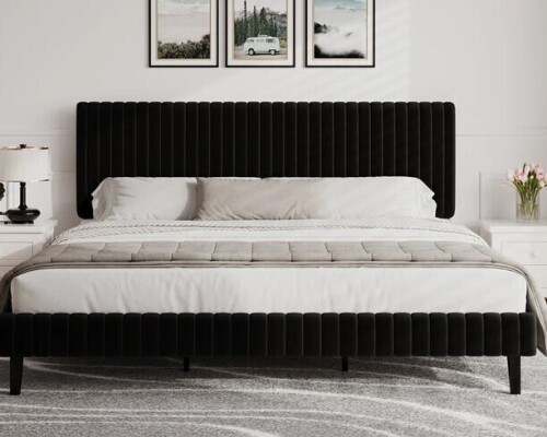 Mercer41 Velvet Upholstered Platform Bed Headboard and footboard with soft-padded vertical channel quilting King Size New in Box $499