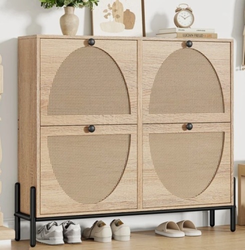 Bayou Breeze Rattan Shoe Storage Cabinet With 4 Flip Drawers(Fits 16 Pairs), Freestanding Shoe Organizer With Metal Legs New in Box $399