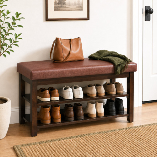 Ebern Designs 40" Solid Wood Shoe Bench with Cushion, 2-Tier Entryway Storage Bench New In Box $299