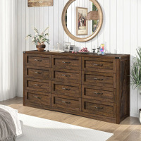 Wrought Studio 63" Wide Farmhouse Dresser with 12 Drawers, Vintage Wood Chest with Built-in Power Outlet, Brown, New in Box $499