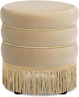 Jennifer Taylor Home Edward 17.5" Round Upholstered Ottoman with Bullion Fringe in Fawn Brown Performance Velvet New in Box $299