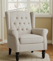 Charlton Home Duward Upholstered Beige Button Tufted Wingback Accent Chair with Rolled Arm and Thick Padded Cushion New in Box $699