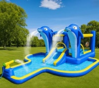 Yiortwo 13.5Ft X 18.9Ft Inflatable Water Slide And Bounce House With Dolphin Sprinkler, Basketball Hoop, Water Gun, And Target Game New in Box $699