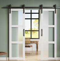 PorteReve 42'' X 84''H Double 3 Lite Tempered Frosted Glass Double French Interior Door Wide Opening By-Pass Sliding Barn Door With Hardware Kit New in Box $599